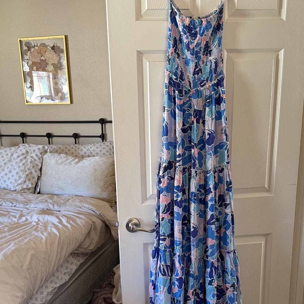 Elegant Floral Blue and Pink Maxi Dress